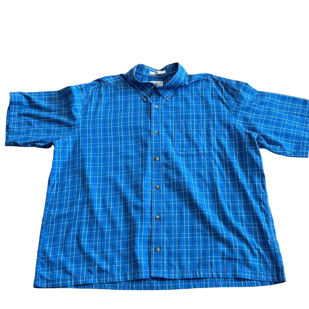 LL Bean Mens XXL Blue Plaid Wrinkle Free Short Sleeve Button Down Shirt Preppy